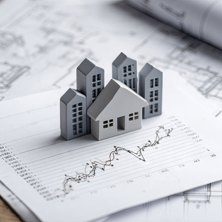 Small gray house models rest upon a blueprint overlaid with a line graph. The image exhibits soft, natural lighting and a shallow depth of field, emphasizing the miniature houses. It presents an analytical perspective suitable for illustrating concepts like property investment or architectural planning. The scene suggests a professional or commercial environment.の素材