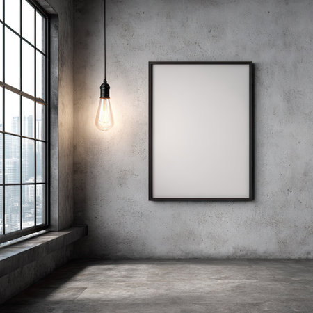 A minimalist interior showcases a concrete wall featuring a blank picture frame, complemented by a hanging light bulb. The composition is accented by a large window. This image may be suitable for various commercial purposes, including design concepts or advertising templates.の素材