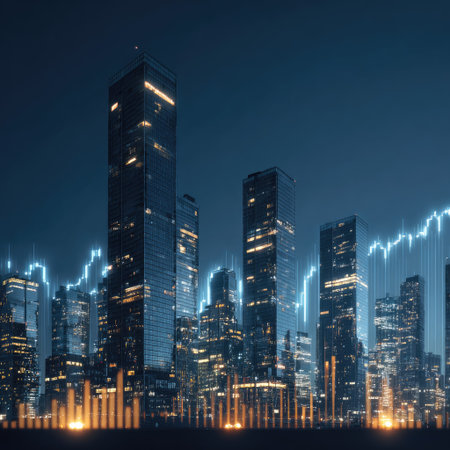 An impressive skyline features illuminated skyscrapers against a deep blue night sky. The image incorporates a digital financial data overlay with upward trends and graphs. The composition is sleek and modern, utilizing a cool color palette and overhead lighting. Suitable for articles about business, technology, and finance.の素材