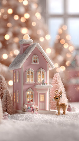 A charming miniature pink house and deer are captured in a dreamy winter scene. The image displays soft lighting with bokeh effect and a shallow depth of field. This aesthetic photograph evokes a sense of holiday cheer. Suitable for commercial projects.の素材