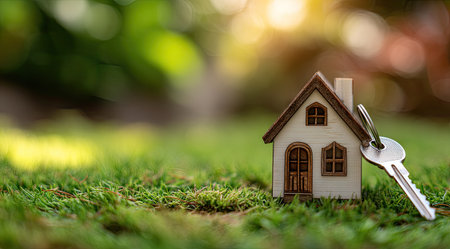 A small house model with a key rests on a bed of green grass, bathed in sunlight. The image features a shallow depth of field, highlighting the details of the miniature structure. The setting suggests an outdoor environment, with blurred background foliage. It is suitable for real estate promotions and other related visual concepts.の素材