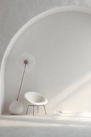 An interior composition presents a white chair and a decorative flower in a minimalist setting. Soft, natural lighting highlights the curved architectural features and textures. The image suggests a peaceful atmosphere, suitable for design concepts or editorial uses. The scene evokes tranquility.の素材