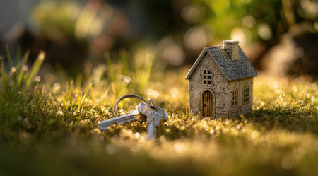 A small, detailed model house sits among green grass, alongside a set of keys. Warm sunlight illuminates the scene, highlighting the texture of the miniature house and the surrounding greenery. The image suggests concepts of homeownership, property investment, or real estate opportunities and could be used in various commercial applications.の素材