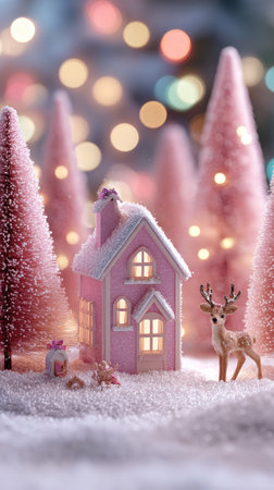 A small pink house and a deer stand in a snowy landscape. The scene includes pink trees and blurred festive lights in the background. The image has soft lighting and a dreamlike quality. This visual could be used for holiday-themed advertising or editorial content.の素材