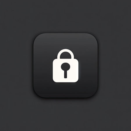 A white lock icon is centered on a square, dark gray backdrop with rounded corners. The design features a minimalist style with subtle shading and highlights, emphasizing simplicity. This graphic could be used to illustrate concepts related to data protection, online security, or general safety measures. Suitable for various editorial and commercial applications.の素材