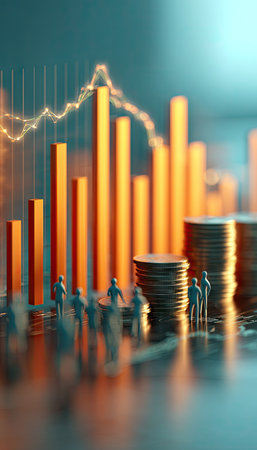 The image showcases miniature figures observing financial data, with stacked coins and rising bar graphs in the background. Warm orange and blue tones create a visually striking composition. The scene suggests concepts of investment, growth, and analysis. Suitable for illustrating financial reports and business-related editorial content.の素材