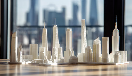 A miniature cityscape model in white stands on a wooden surface, with a soft-focus cityscape visible through a window behind it. The lighting is natural, casting soft shadows. This image could be used for architectural concepts, design representations, or thematic visual content, ideal for diverse commercial applications.の素材