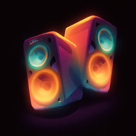 Two speakers are depicted in a stylized illustration with bold, vibrant colors. The design utilizes a gradient effect creating a sense of depth and luminosity. The artwork showcases a futuristic or tech-inspired aesthetic, suitable for use in design, marketing materials, or conceptual projects. The composition is set against a dark background.の素材