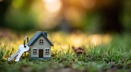 A small house model with keys rests on green grass, illuminated by soft natural light. The composition features a shallow depth of field, blurring the background. This image could be utilized in various commercial projects, including real estate or finance related advertising. The overall aesthetic is warm and inviting.の素材