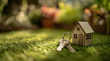 A miniature wooden house rests on a bed of green textured material, accompanied by a set of keys. The composition showcases soft lighting and a shallow depth of field, highlighting the house and keys against a blurred background. This visual could be utilized for various commercial and illustrative purposes.の素材