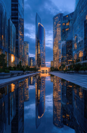 A striking urban scene showcases tall, contemporary buildings reflecting in still water. The image features a cool color palette dominated by blues and golds from artificial light, suggesting either dusk or dawn. The composition offers symmetry and visual depth, suitable for use in architectural, business, and travel-related publications.の素材