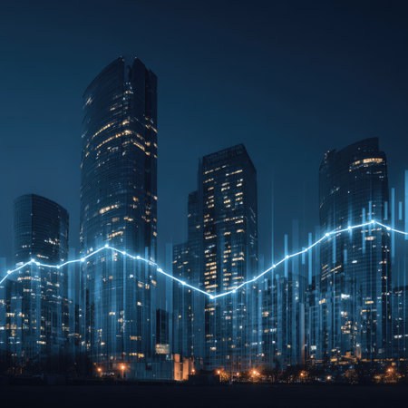 The image showcases a cityscape with towering skyscrapers illuminated against a dark blue sky. Bright lights gleam from within the buildings. A digital data overlay visualizes the city's activity. Suitable for use in technology articles or business presentations, it suggests growth and connectivity.の素材