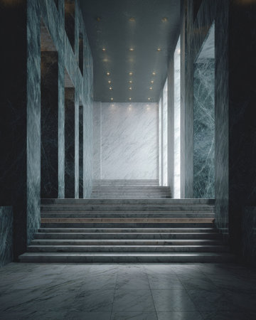 An interior architectural view presents a staircase leading upward, flanked by columns. The composition utilizes a muted color palette, primarily featuring gray and white tones. The scene is illuminated by soft, diffused light, suggesting an indoor setting. Suitable for various commercial and editorial applications, this image conveys a sense of space and design.の素材