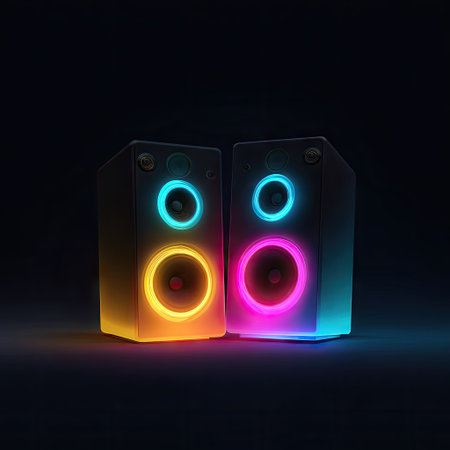 Two rectangular speakers with glowing circular lights are presented against a dark backdrop. The visual characteristics include a gradient of colors within the glowing circles, creating a vibrant effect. The composition is a symmetrical, studio-style shot, suitable for use in design, technology, or entertainment projects.の素材