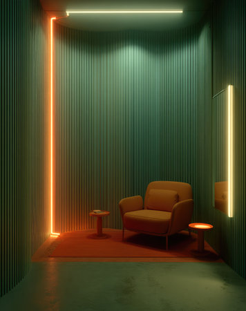 A contemporary interior showcases an orange armchair against a backdrop of teal wall panels. Illuminated frames and spotlights create dramatic lighting. The composition features a symmetrical arrangement, offering copy space. This image is suitable for various commercial purposes, including design and advertising.の素材