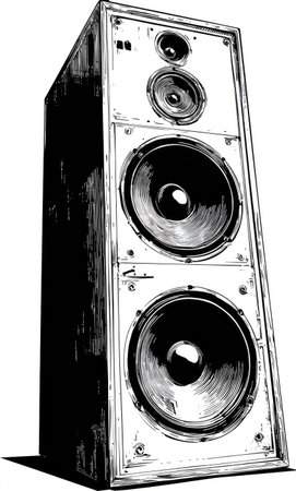 A tall, black and white illustration depicts a large speaker. It features three different-sized circular loudspeaker elements enclosed within a rectangular wooden cabinet. The image showcases a detailed artistic style with varied lines. This graphic could be utilized for various commercial and editorial projects.の素材