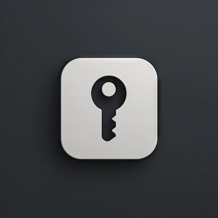 A simplified key symbol is centered on a square-shaped background, rendered with a gradient effect. The icon is silhouetted against a darker backdrop, suggesting an interplay of light and shadow. Suitable for design projects, web graphics, and illustrations requiring a security or access theme, the image has potential for commercial uses.の素材