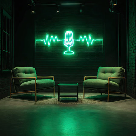 An interior shot reveals a podcast studio with two green armchairs and a small table. A neon sign in the shape of a microphone and sound waves adorns the wall. The scene is illuminated by green lighting, and the overall composition suggests a modern and professional recording environment suitable for various commercial uses.の素材