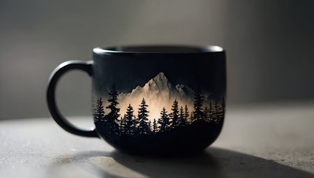 A close-up view presents a dark coffee mug featuring a landscape design. The artwork depicts mountains and trees. The image is marked by soft lighting. It is suitable for design projects, marketing materials, and other commercial applications.の素材