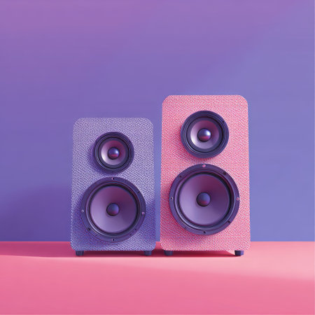 Two speakers of different sizes are presented against a colorful backdrop. The objects exhibit a geometric design with a simple aesthetic. The visual elements have a pastel-like color palette, which offers a clean design. Suitable for advertising, design projects, and diverse commercial applications.の素材