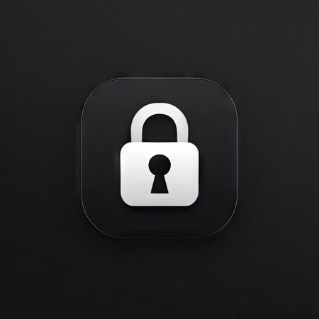 A close-up view presents a white padlock icon against a dark, minimalist backdrop. The image features a clean, graphic style with sharp lines and highlights. It suggests concepts of security, privacy, and protection. Potential uses include web design, presentations, or various media relating to digital safety.の素材
