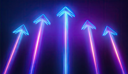 Five neon arrows ascend against a dark backdrop, showcasing vibrant blue and pink hues. The lighting creates a glowing effect, highlighting their upward direction. This composition could be used for illustrations representing growth or progress in various commercial and editorial contexts.の素材