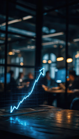 An illuminated upward-pointing arrow, rendered in neon, sits atop a wooden table. The image showcases a visually appealing presentation of business growth, with a blurred office environment in the background. The lighting highlights the futuristic style of the financial concept, suitable for illustrating business strategies.の素材