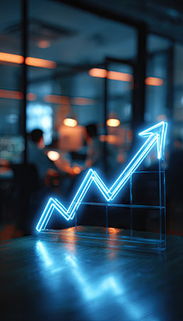 A glowing neon arrow, indicative of growth, sits on a reflective surface. The image presents a cool color palette with the bright blue arrow contrasting against a dark background. The scene suggests a modern office environment, possibly representing business success. This visual is suitable for various commercial and illustrative purposes.の素材