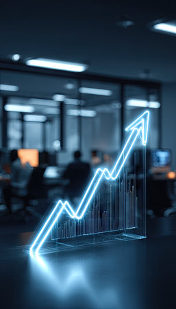 A glowing neon arrow graph rises in a blurred office setting. The composition features cool blue tones and a glass-like texture. The lighting suggests an indoor environment. This image could be used in presentations, articles, or promotional materials related to business and finance.の素材