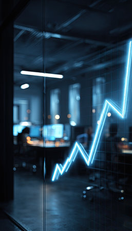 An image showcases a glowing neon arrow graph ascending over a glass surface, representing growth. The scene captures a dim indoor environment with blurred figures and computer monitors visible in the background. It employs a cool color palette with artificial lighting, suitable for financial or business-related promotional material.の素材