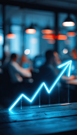 An illuminated neon arrow representing upward financial growth is displayed. The image showcases a vibrant blue hue against a blurred backdrop. This composition suggests a dynamic setting, potentially indoors, with elements of modern design. Suitable for illustrating financial topics and concepts of progress.の素材