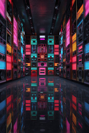 An interior shot features a display of speakers illuminated by vibrant neon lights. The composition highlights a symmetrical arrangement of speakers in various colors, with reflections on the glossy floor. The image conveys a modern aesthetic suitable for music, entertainment, or technology-related projects. The scene suggests a potential club or performance setting.の素材