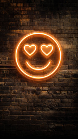 An illuminated neon emoji featuring heart-shaped eyes and a smiling mouth is displayed. The vibrant orange light contrasts with the textured, dark brick wall. The composition utilizes direct lighting, highlighting the neon outline. This image could be suitable for digital art, design projects, or thematic visual content.の素材