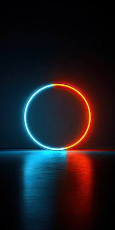 A glowing circle, split into blue and orange sections, dominates the image. The neon-style light casts reflections on the glossy surface below. The dark background creates a contrasting effect, adding depth and highlighting the illuminated subject. The image is suitable for various design, technology, or abstract visual projects.の素材