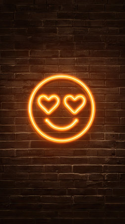 An illuminated neon emoji featuring heart-shaped eyes and a smiling mouth is depicted against a textured brick wall. The color palette primarily consists of orange and brown tones. The composition showcases a close-up perspective and may be suitable for various advertising or design purposes.の素材
