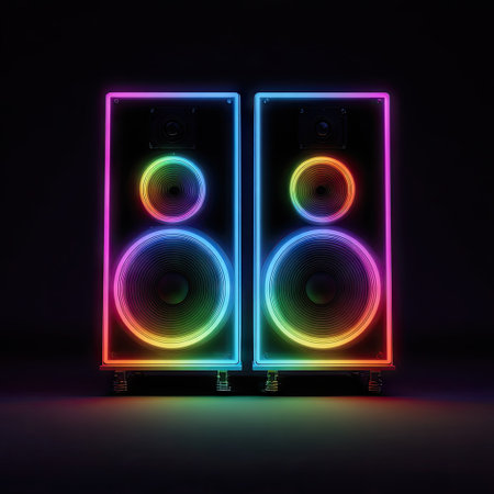 Two speakers are presented with a vibrant neon light outline against a deep black background. The design features a colorful spectrum of illuminated rings, highlighting the speaker components. This composition uses direct lighting, creating a contrasting effect for various promotional or artistic purposes. The artwork could be suited for music or technology related visuals.の素材