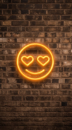 A glowing neon emoji with heart-shaped eyes is affixed to a weathered brick wall. The image showcases a warm orange color and a detailed brick texture, suggesting an indoor setting. This visual concept could be suitable for digital design projects or editorial content needing a modern aesthetic.の素材