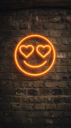 An orange neon emoji with heart-shaped eyes is affixed to a weathered brick wall. The illustration features a warm, inviting glow against a background of textured brick. The image conveys themes of emotion and affection, suitable for various editorial and commercial applications.の素材