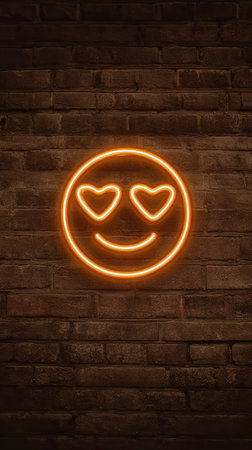 An illuminated neon emoji featuring heart-shaped eyes and a smiling face is displayed against a textured brick wall. The warm orange glow contrasts with the rustic brown bricks. The image's composition highlights the subject, suitable for illustrative concepts, digital media, or design applications.の素材