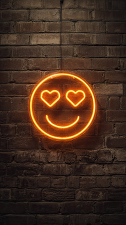 An illuminated neon emoji features heart-shaped eyes on a textured brick wall background. The warm orange glow contrasts against the dark, rough surface. This artistic rendering could be used for various purposes, including website design, social media content, or advertising visuals.の素材