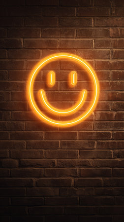 An illuminated neon smiley face glows brightly against a rough textured brick wall background. The warm orange light contrasts with the dark brick, creating a striking visual. This composition may be suitable for various applications, including advertising, editorial content, and design projects emphasizing joy and optimism.の素材