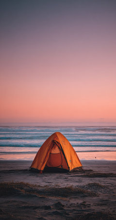 An orange tent stands on a sandy beach, silhouetted against a colorful sunset. The composition features the ocean's waves. The style is naturalistic. The image suggests concepts such as travel, camping, and outdoor recreation. It might be used for promotional material or illustrative purposes.の素材