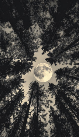 An upward perspective captures a full moon amidst the silhouettes of towering trees. The monochrome palette accentuates the textures of the forest, with a contrast between dark foliage and a bright moon. This image evokes a sense of tranquility and would be suitable for various editorial and commercial applications.の素材