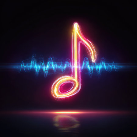 A vibrant neon music note is displayed against a dark background, intersected by a dynamic sound wave. The illustration features bright pink and yellow tones contrasting with blue light, creating a modern, graphic style. This image would be suitable for various digital media and design applications.の素材