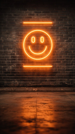 A glowing orange neon smiley face is centered on a textured brick wall, flanked by two horizontal lines. The scene features a wet, reflective floor surface adding depth. The composition utilizes vibrant color and contrasting light, suggesting a dimly lit indoor environment. This image is suitable for various commercial uses.の素材