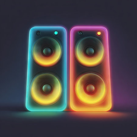 Two digital speakers glow with neon light in a dark setting. The speakers display a gradient of colors including blue, orange, and yellow. The image features modern design and vivid color, ideal for promotional materials, websites, or advertising projects related to audio or music.の素材