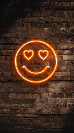 An illuminated neon smiley face with heart-shaped eyes adorns a weathered brick wall. The image features warm orange and brown tones, with a textured surface and soft lighting. This graphic could be used for various purposes, including promotional materials, decorative backgrounds, and editorial content.の素材