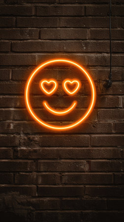 A neon orange smiley face with heart-shaped eyes glows against a dark brick wall. The image features a vertical composition with a focus on the illuminated symbol. The lighting creates a strong contrast with the textured background. It is suitable for commercial uses, including advertising and social media content.の素材