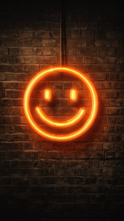 A vibrant neon smiley face glows brightly against a rough textured brick wall background. The warm orange light contrasts with the dark setting. This image showcases a simple yet effective design, suitable for various applications, including advertising and editorial use, representing happiness and optimism.の素材
