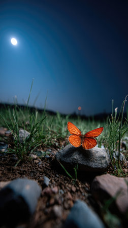 An orange butterfly rests on a stone amid grass and pebbles. The image displays natural outdoor lighting with a cool blue sky and a visible moon. This picturesque scene could be used for various commercial projects and editorial content relating to nature, wildlife, or environmental themes.の素材